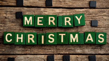 A charming arrangement of colorful blocks spelling out "Merry Christmas" on a textured wooden surface, perfect for holiday-themed projects and crafts.の素材