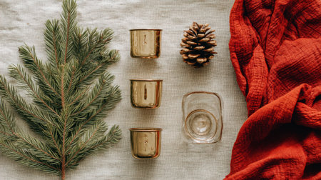 Discover a serene winter arrangement featuring greenery, candles, and a pine cone nestled against a warm red textile, perfect for festive decor.の素材
