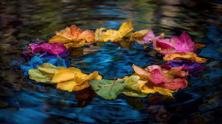 A vibrant arrangement of autumn leaves creates a circular pattern floating on a calm water surface, showcasing nature beauty in vivid colors.の素材