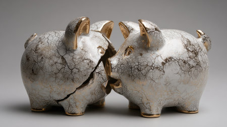 Two cracked ceramic piggy banks face each other, showcasing their artistic design with gold accents. The unique texture and contrast evoke themes of finance, friendship, and charm, making it a perfect decor piece.の素材