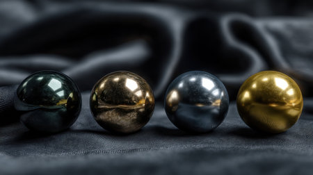 A captivating composition featuring four decorative metallic spheres in varying colors on soft dark fabric. Ideal for modern decor or artistic projects.の素材