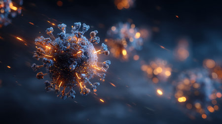 This captivating illustration features a detailed representation of a virus, showcasing its structure and dynamic elements. Ideal for educational and research purposes.の素材