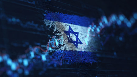 This image features an abstract representation of the Israeli flag intertwined with financial graphs, symbolizing economic dynamics and market trends.の素材