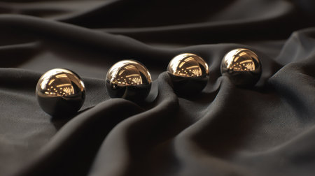 This image showcases four metallic spheres placed on a dark fabric surface, highlighting reflections and soft drapes. Ideal for design projects.の素材