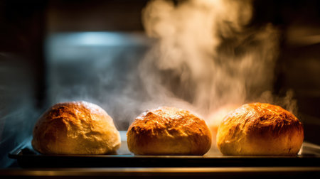 Three freshly baked bread rolls rest on a tray, emitting steam in a warm bakery. Their golden crusts and comforting aroma create a cozy atmosphere.の素材