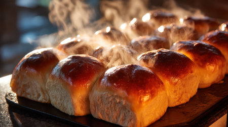Delight in the sight of freshly baked dinner rolls, warm and soft with steam rising. This image captures the inviting atmosphere of home baking.の素材