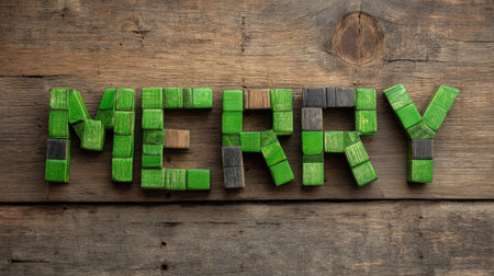 This charming image showcases colorful wooden blocks arranged to spell the word "Merry." The vibrant green and natural textures add a festive touch, perfect for holiday themes and greeting cards.の素材