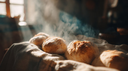 A beautiful scene showcasing freshly baked bread steaming gently in a cozy kitchen, illuminated by soft morning light, perfect for culinary inspiration.の素材