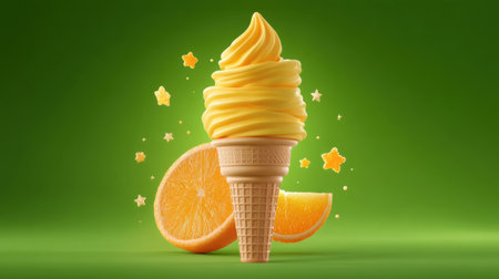 Delight in a whimsical representation of soft serve ice cream atop a cone, surrounded by fresh orange slices and playful stars. Perfect for summer.の素材
