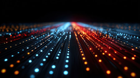 A captivating view of colorful light trails creating a vibrant digital landscape in a dark background, illustrating motion and energy.の素材