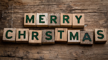 Celebrate the joy of the holiday season with this rustic arrangement of wooden letters spelling "Merry Christmas" on a textured wood backdrop.の素材