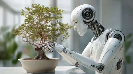 A humanoid robot delicately interacts with a small bonsai tree, reflecting a thoughtful blend of technology and nature in a serene indoor setting.の素材