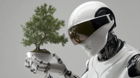 A humanoid robot gentle cradles a small bonsai tree, representing the fusion of technology and nature in a serene minimalist setting.の素材
