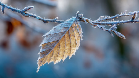 A beautifully detailed frost-covered leaf clings to a branch, showcasing the intricate patterns of nature during winter months.の素材