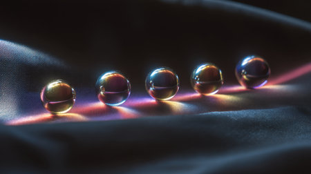 This image showcases several water droplets reflecting vibrant colors on smooth fabric, creating an enchanting visual effect that captivates the viewer.の素材