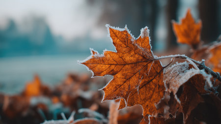 A captivating close-up of a frosted maple leaf resting on the ground among autumn leaves. The soft morning light enhances the warm orange tones, creating a serene and tranquil atmosphere.の素材