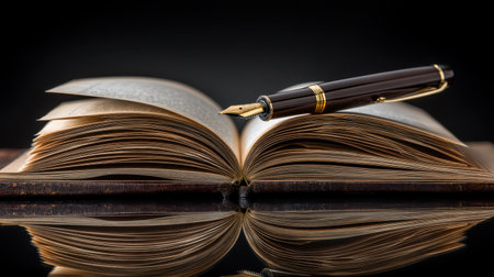 A beautifully captured scene featuring an open book and a classic fountain pen resting on a reflective surface. This elegant composition emphasizes the beauty of literature and the art of writing.の素材