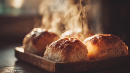 Freshly baked biscuits sit on a wooden tray, emanating warm steam. Their golden tops promise a soft, fluffy texture, ideal for cozy moments.の素材