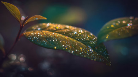 A stunning closeup of green leaves adorned with glistening dewdrops, creating a magical and serene atmosphere in nature's embrace.の素材