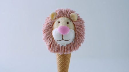A delightful ice cream cone featuring a playful lion face, complete with a fluffy mane and colorful details, perfect for a fun dessert.の素材