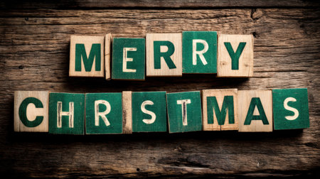 Delight in the charm of a rustic wooden surface featuring colorful blocks spelling "Merry Christmas" perfect for holiday decorations and greeting cards.の素材