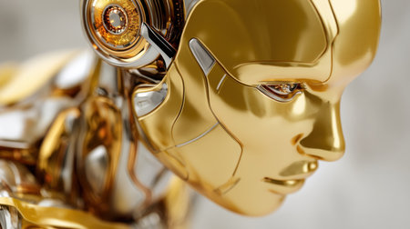 This close-up image showcases a stunningly designed futuristic robot with a shiny gold and silver finish. The intricate details highlight advanced technology and artistry.の素材
