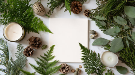 A serene flat lay image featuring a blank space surrounded by various greenery, pinecones, candles, and natural elements, perfect for creative projects.の素材