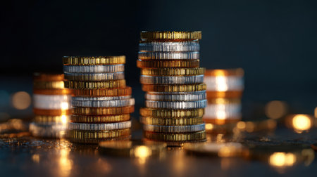 A visually striking arrangement of gold and silver coins stacked against a dark background, illuminated by soft light, ideal for finance-related projects.の素材