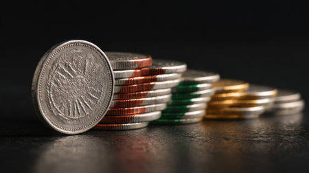 A composition of stacked coins in various shades including gold and silver, resting on a dark surface, symbolizing finance and value.の素材