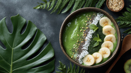 A vibrant green smoothie bowl topped with sliced banana, chia seeds, coconut, and mint leaves, surrounded by tropical foliage, ideal for healthy eating.の素材