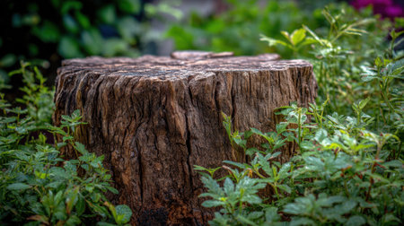 A stunning rustic tree stump stands amidst vibrant green foliage, showcasing unique textures and natural beauty in an outdoor garden setting.の素材