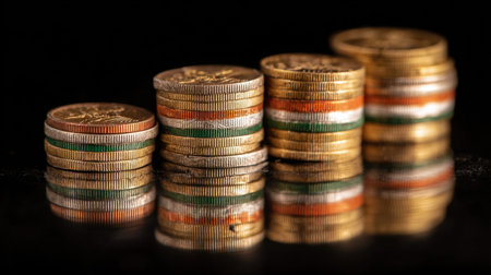 A captivating image of stacked coins featuring the colors of the Indian national flag. The coins reflect on a glossy surface, emphasizing wealth and economic themes.の素材