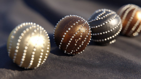 A stunning capture of decorative spherical objects featuring intricate bead patterns. The contrasting colors and textures create a visually appealing still life composition.の素材