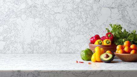 A striking display of fresh vegetables and fruits arranged on a marble countertop, perfect for promoting healthy eating and culinary creativity.の素材
