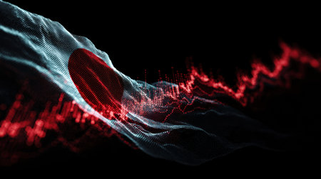 Captivating digital artwork featuring flowing patterns in red and black, inspired by the Japan flag, symbolizing technology and innovation.の素材