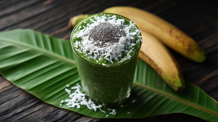 This vibrant green smoothie features chia seeds and coconut flakes, served in a glass on a tropical leaf, ideal for a healthy lifestyle.の素材
