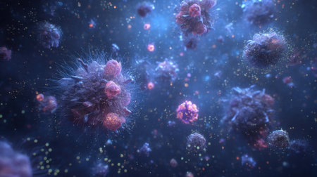 This striking digital artwork showcases a vibrant and colorful representation of microscopic organisms in a dark cosmic setting, blending science and creativity.の素材