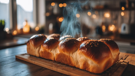 Experience the inviting aroma of freshly baked soft bread loaves displayed on a wooden board, with steam rising in a cozy kitchen ambiance.の素材
