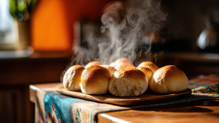 A beautiful scene showcasing freshly baked bread rolls on a wooden table with steam rising. The cozy kitchen ambiance enhances the warmth and comfort of home baking.の素材
