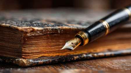 A close-up view of an antique fountain pen resting on a vintage leather-bound book, showcasing rich textures and warm lighting, creating an inviting atmosphere for writers and readers alike.の素材