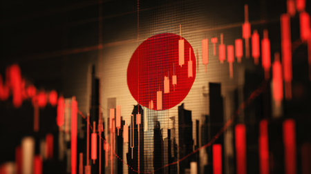 This image features an abstract representation of financial data, incorporating Japan's flag and red candlestick graphs to symbolize market trends.の素材