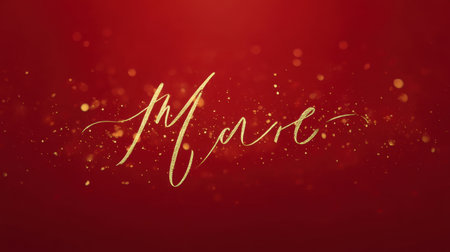 This striking image features elegant golden cursive lettering of the word 'Mare' against a vibrant red background with sparkles. Perfect for festive themes!の素材