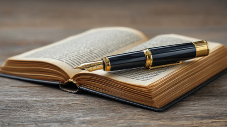 A sophisticated fountain pen lies gracefully on an open book, revealing its antique pages against a rustic wooden backdrop, perfect for creative inspiration.の素材