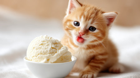 An adorable orange tabby kitten curiously sits next to a bowl of vanilla ice cream, playfully sticking out its tongue in a delightful moment.の素材