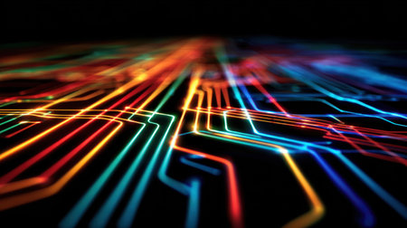 Vibrant abstract illustration featuring colorful lines on a dark background, symbolizing digital connections and technology in motion.の素材