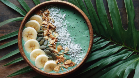 A vibrant smoothie bowl featuring banana slices, coconut flakes, and crunchy granola, beautifully arranged on wood with green leaves.の素材