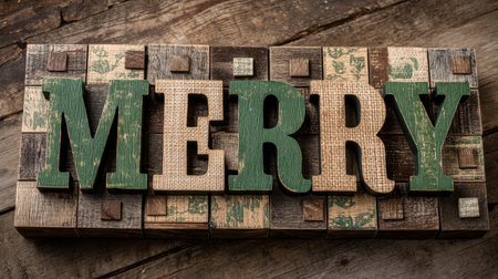 This image features a rustic sign with the word "MERRY" crafted from wooden letters, captured on a textured wooden background. Perfect for holiday celebrations!の素材
