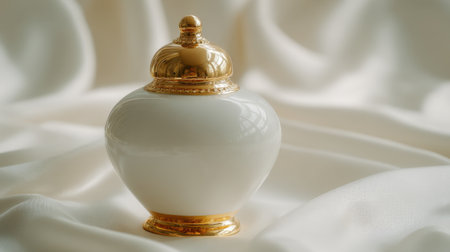 This image features an elegant porcelain container with a golden lid, resting gracefully on a soft fabric background, emphasizing its beautiful craftsmanship.の素材