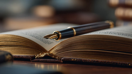 An elegant fountain pen lies gracefully on an open book with gold-edged pages, inviting readers into a world of literature and reflection.の素材