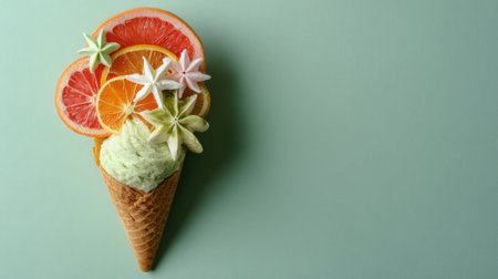 A delightful ice cream cone featuring a scoop of mint ice cream topped with fresh citrus slices and edible flowers, set against a soft green background.の素材